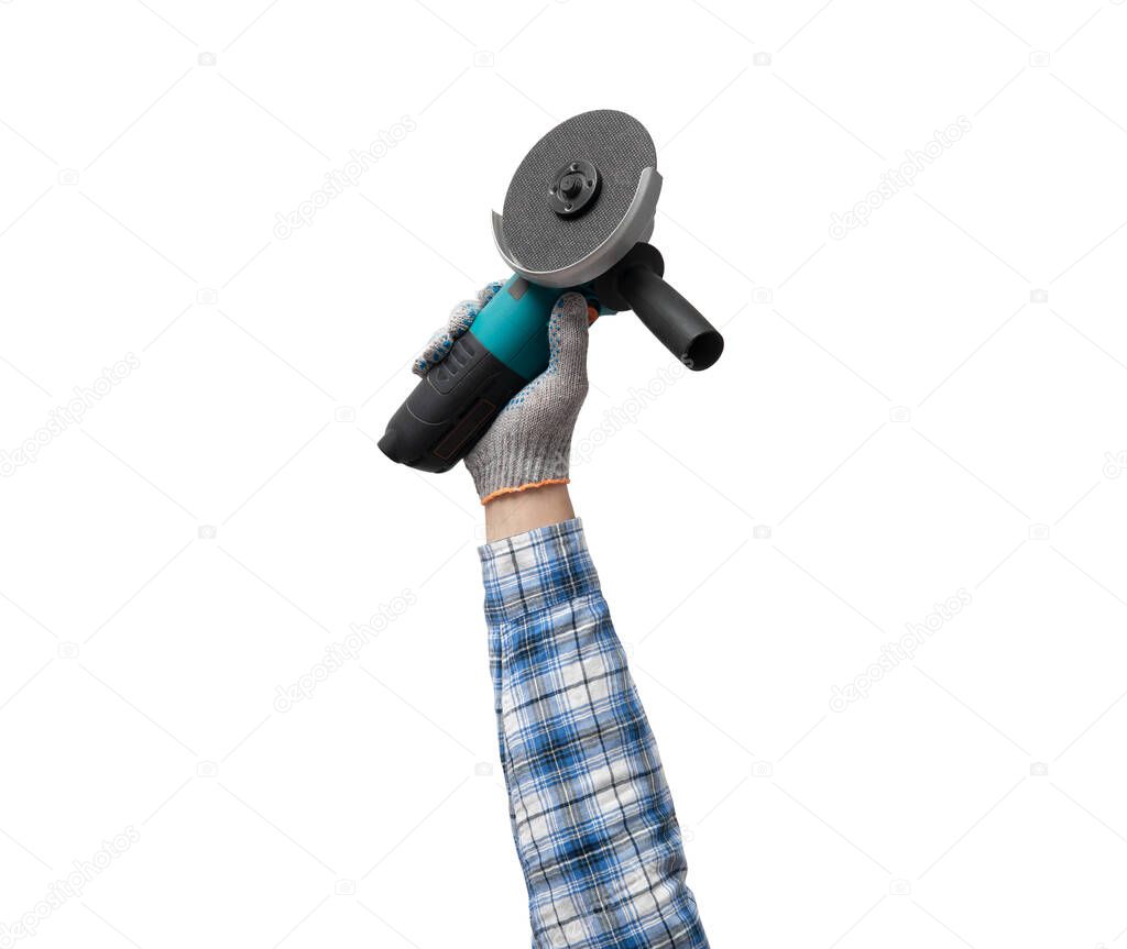 hand holds a construction tool - battery ( accumulator ) Angle grinder, on white background, isolated