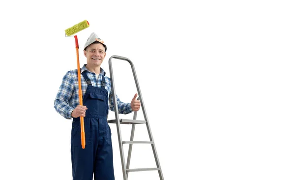 Werker Schilder Met Gereedschap Witte Achtergrond Geïsoleerd Muurschildering Concept — Stockfoto