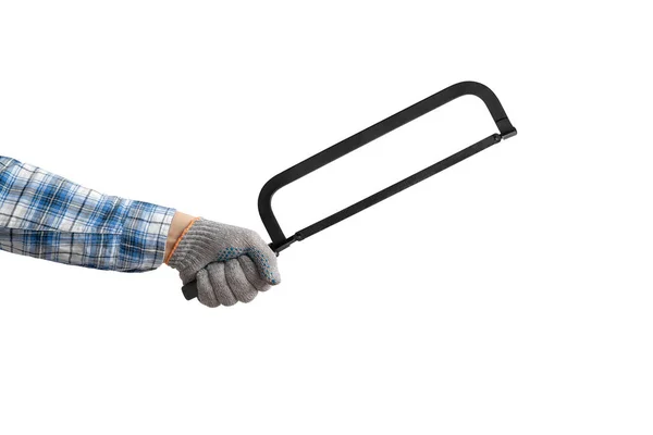 Hand Holds Construction Tool Hacksaw Iron White Background Isolated — Stock Photo, Image