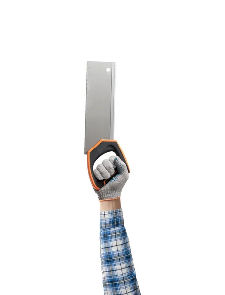 Hand Holds Construction Tool Handsaw White Background Isolated — Stock Photo, Image