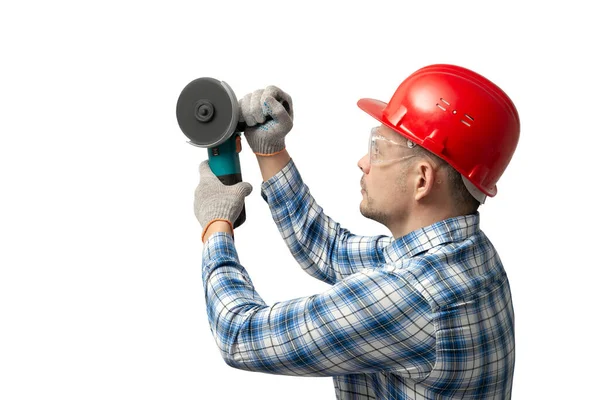 Trabajador Feliz Manitas Constructor Trabajó Con Herramientas Construcción Amoladora Ángulo —  Fotos de Stock