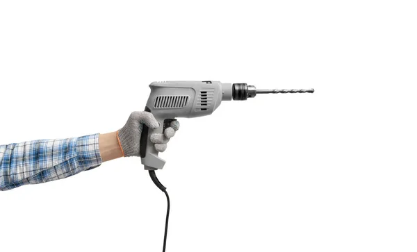 Χέρι Κατέχει Ένα Εργαλείο Κατασκευής Ηλεκτρικό Τρυπάνι Διάτρητο Λευκό Φόντο — Φωτογραφία Αρχείου