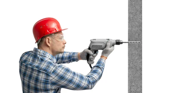 Worker Handyman Builder Worked Construction Tools Electric Drill Perforator Drilled — Stock Photo, Image