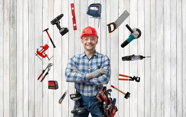 Glad Arbetare Hantverkare Jack Alla Yrken Eller Byggare Med Byggverktyg — Stockfoto