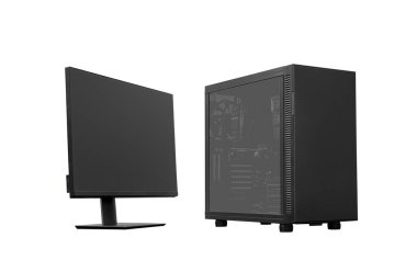 Monitörlü (ekran; ekran), masaüstü bilgisayarlı, beyaz arkaplanda, izole edilmiş büyük siyah şasi kule sistem birimi seti 