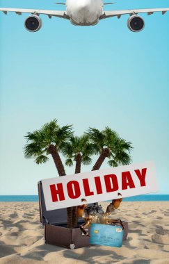 Yengeç tutucu afişi ve deniz kıyısında eski bavulda duran kredi kartı, tatil konsepti.