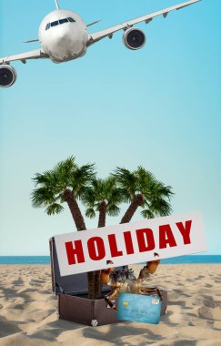 Yengeç tutucu afişi ve deniz kıyısında eski bavulda duran kredi kartı, tatil konsepti.