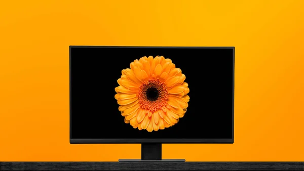 single black lcd desktop screen monitor with orange flower gerbera, on orange background