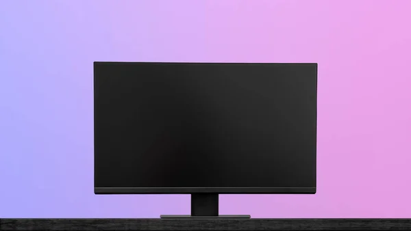 single black lcd desktop screen monitoror tv stand on table, on mauve neon light background