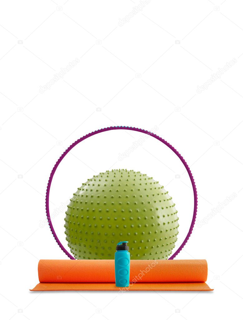 fitness; gymnastic pilates equipment, on white background, isolated. Vertical photo with empty space for text.