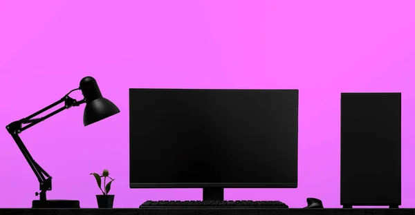 black lamp, desktop computer and lcd display stand on table, on purple background. Workplace with neon light concept