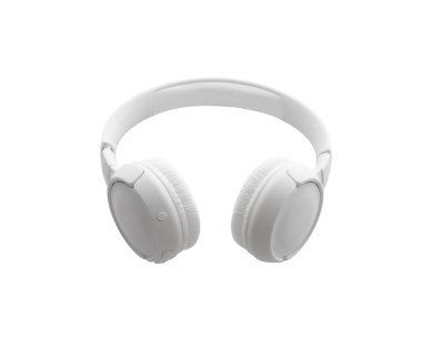 Tek beyaz bluetooth kablosuz kulaklık, beyaz arka planda, izole edilmiş.