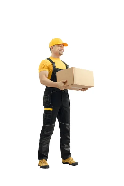 Deliverer Courier Hold Hands Cardboard Box Smile Full Body Stand — Stock Photo, Image