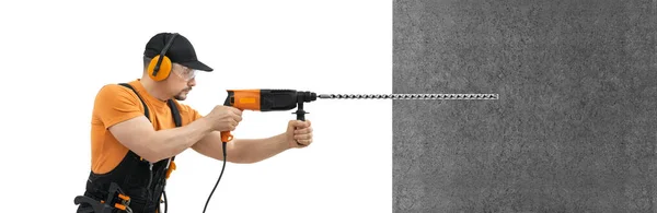 Worker Builder Worked Perforator Big Long Drill Drilled Concrete Wall — Stock Photo, Image