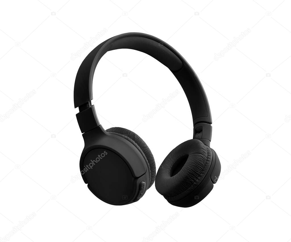 single black bluetooth wireless headphones, on white background, isolated