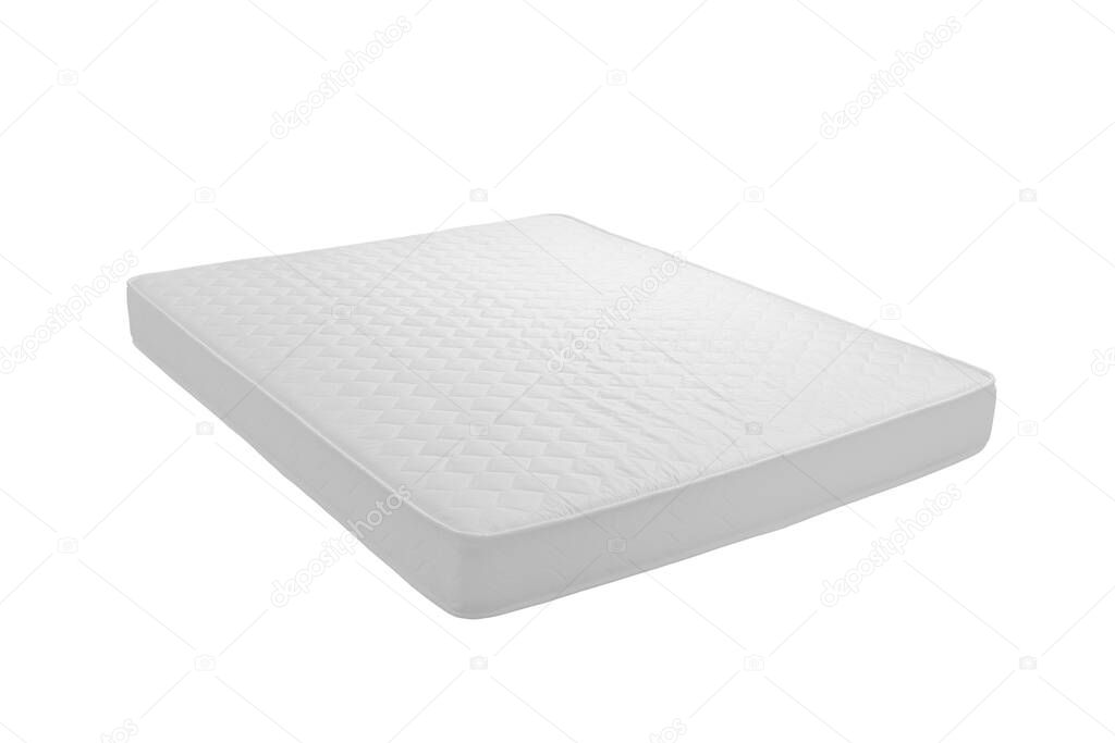 one white orthopedic mattress queen size, on white background, isolated