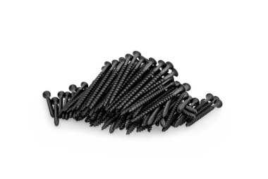 Bir sürü bkack inşaat aksesuarı - metal kendi kendine tahta için vida, beyaz arka planda, izole