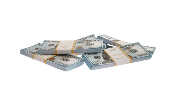 heap many pack of dollars on white background, isolated. Banking concept.