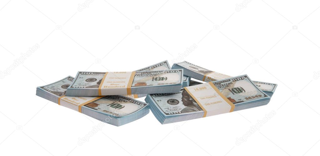 heap many pack of dollars on white background, isolated. Banking concept.