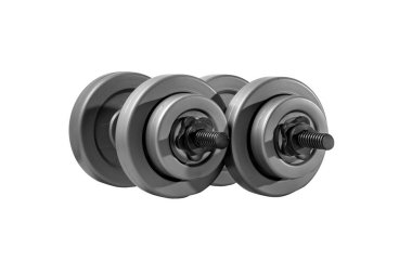 İki büyük dambıl, beyaz arka planda, yalıtılmış. Fitness konsepti için spor ekipmanları