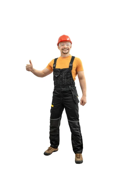 Happy Worker Thumb Dress Working Overalls Full Body White Background — Stock Photo, Image