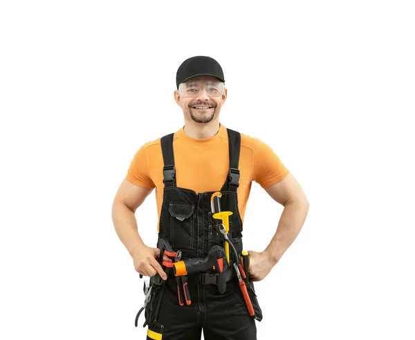 Retrato Trabajador Feliz Con Herramientas Construcción Sobre Fondo Blanco Aislado —  Fotos de Stock