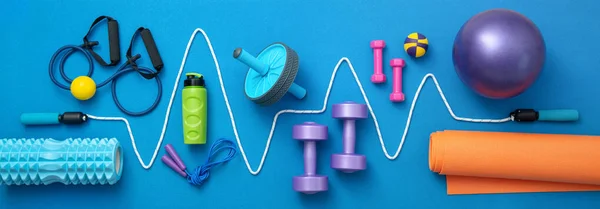 Still Life Group Sports Equipment Womens Cardiogram Jump Rope Blue Stock Photo