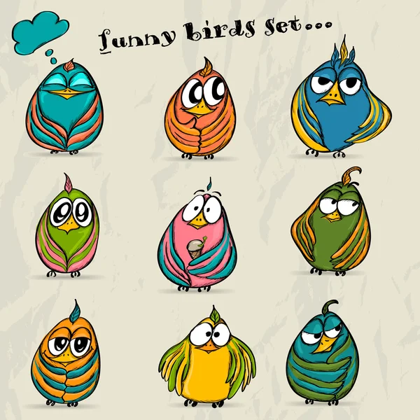 Set of 9 funny cartoon birds. — Stock Vector