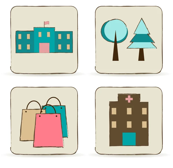 Edificios urbanos y lugares iconos conjunto . — Vector de stock