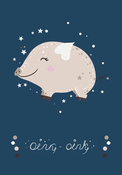 Cartaz com mini porco bonito e estrelas. Ilustração vetorial. — Vetor de Stock