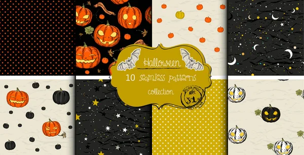 Vector set van Halloween naadloze patronen met pompoenen. Handgetekende patronen voor Halloween ontwerp Perfect voor decoratie, inpakpapier, wenskaarten, webpagina achtergrond, textiel. — Stockvector