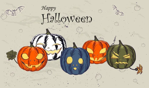 Glad Halloween banner eller fest inbjudan bakgrund med pumpor i vintage stil. — Stock vektor