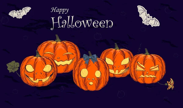 Feliz banner de Halloween o fondo de invitación de fiesta con calabazas en estilo vintage. Ilustraciones de stock libres de derechos