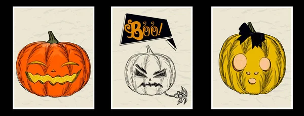 Conjunto vectorial de fiestas de Halloween invitación o tarjeta de felicitación dibujada a mano con caligrafía manuscrita saludos, palabras y frases . — Vector de stock