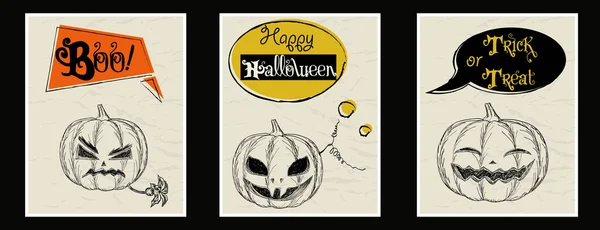 Conjunto vetorial de feriados de Halloween convite desenhado à mão ou cartão de saudação com caligrafia manuscrita cumprimentos, palavras e frases . —  Vetores de Stock