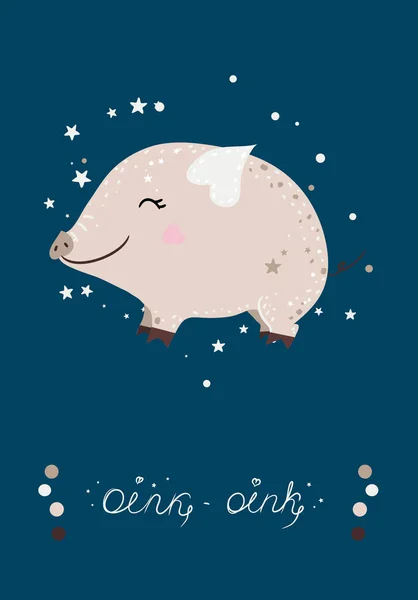 Poster with cute mini pig and stars. Vector illustration. Vector Graphics