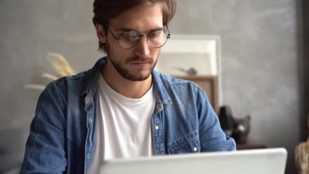 Leende positiv professionell affärsman som arbetar på bärbar dator hemma — Stockvideo
