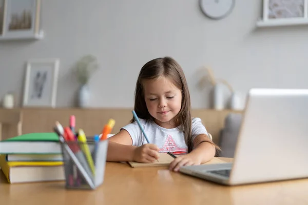 Portrait of happy small pupil learning at home. Smart kid schoolgirl looking at camera, studying remotely online — Stock Photo, Image