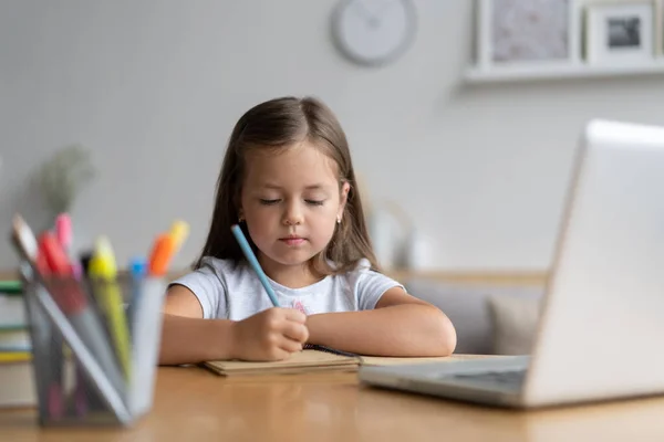 Porträt eines glücklichen kleinen Schülers, der zu Hause lernt. Smart kid schoolgirl Blick in die Kamera, Lernen aus der Ferne online — Stockfoto