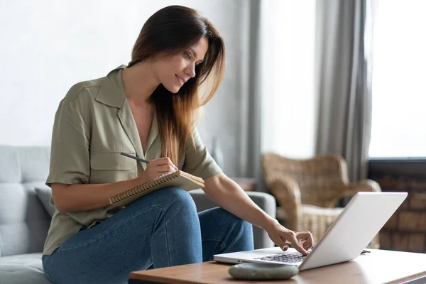 Mujer usando un portátil en su sala de estar. Trabajando desde casa en cuarentena. Distanciamiento social. — Foto de Stock