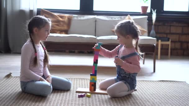 Mutlu kız kardeşler halıda oturuyor, renkli tahta bloklarla oynuyorlar. — Stok video