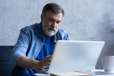 Oturma odasında dizüstü bilgisayarda yazan gülümseyen olgun bir adam. Karantina karantinasında çalışıyor.