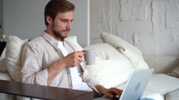 Young adult businessman working in living room with coffee and laptop on sofa. Male freelancer working remotely online — Stockvideo