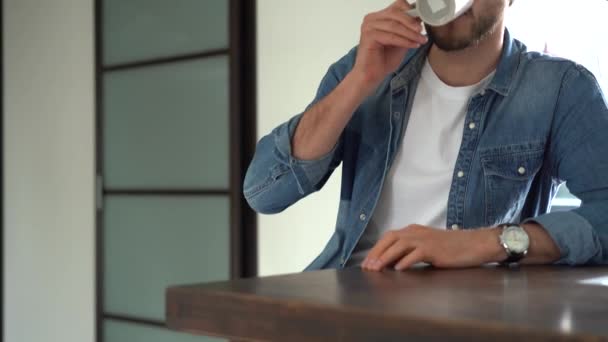 Düşünceli Avrupalı adam sabah mutfağında çay içiyor.. — Stok video