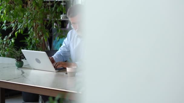 Een serieuze volwassen man werkt met zijn laptop computer op kantoor. — Stockvideo