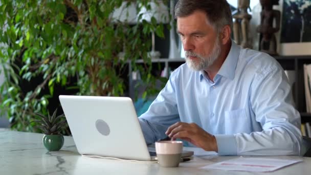 Серьезный взрослый человек, работающий со своим ноутбуком в офисе. — стоковое видео