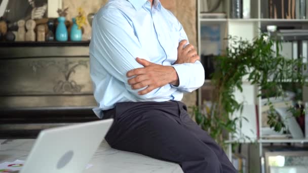 Positive confident mature businessman standing in office near his workplace, posing and smiling at camera — 图库视频影像