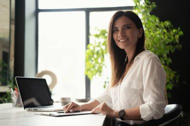Masa İşleri 'nde dizüstü bilgisayarda oturan güzel kadın veri analisti. Modern ofis ortamında şık bir kadın..