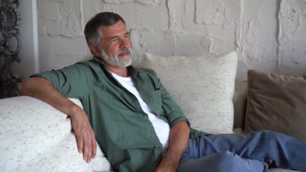 Usmívající se dospělý muž odpočívající na gauči. Sebevědomý starší muž s šedými vlasy odpočívá doma a dívá se do kamery — Stock video