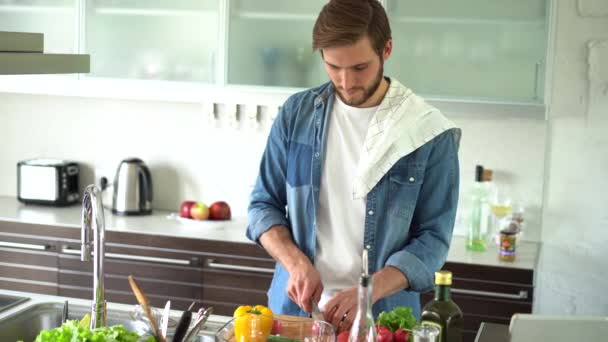 Joven hombre feliz preparando comida saludable solo en casa, cortando ensalada de verduras frescas de pie en el interior de la cocina moderna — Vídeos de Stock